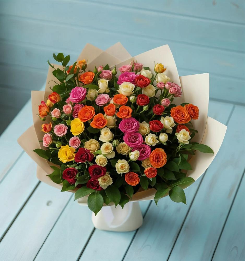 Букет Микс из разноцветных кустовых роз в Верхней Туре